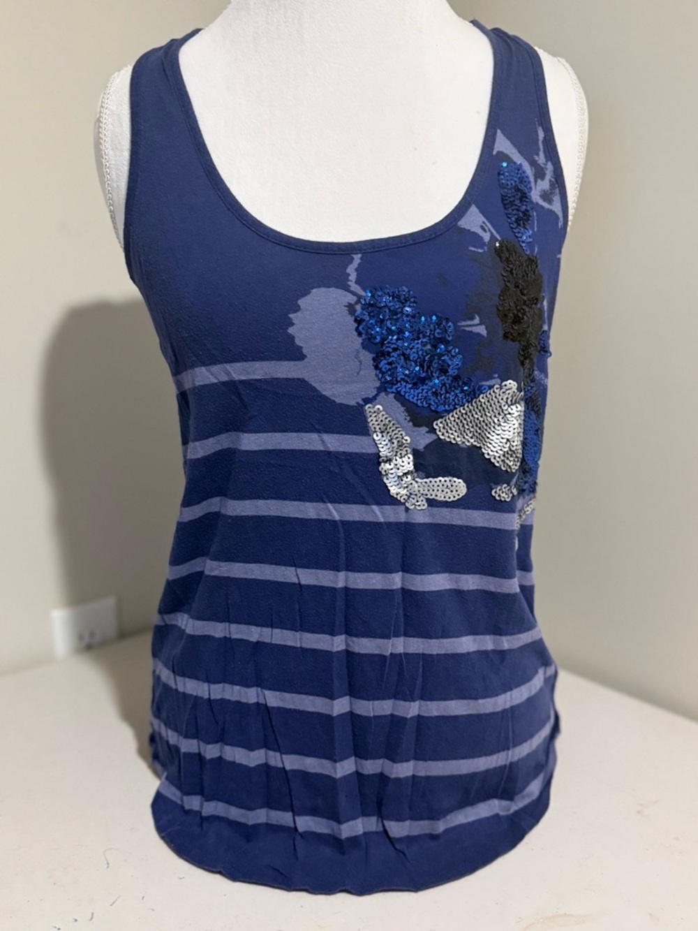 Express Navy Blue Striped Sequin Floral Tank
